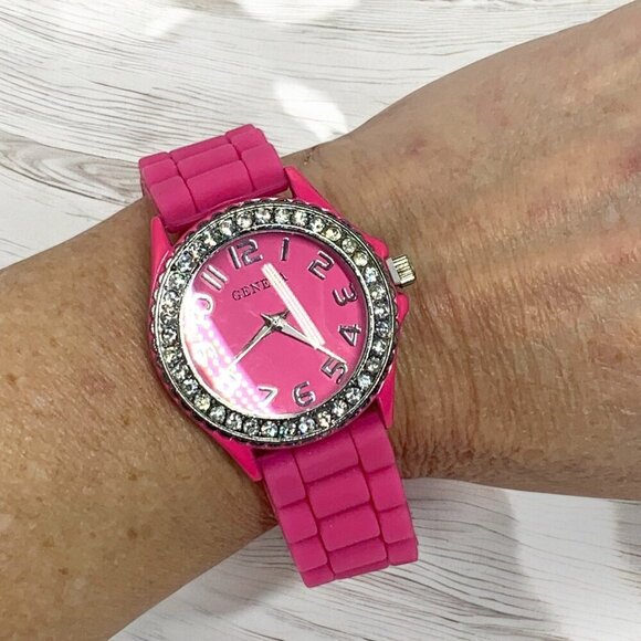 Geneva Pink Silicone Strap Watch With Rhinestone Bezel & Stainless Steel Back - Picture 5 of 5